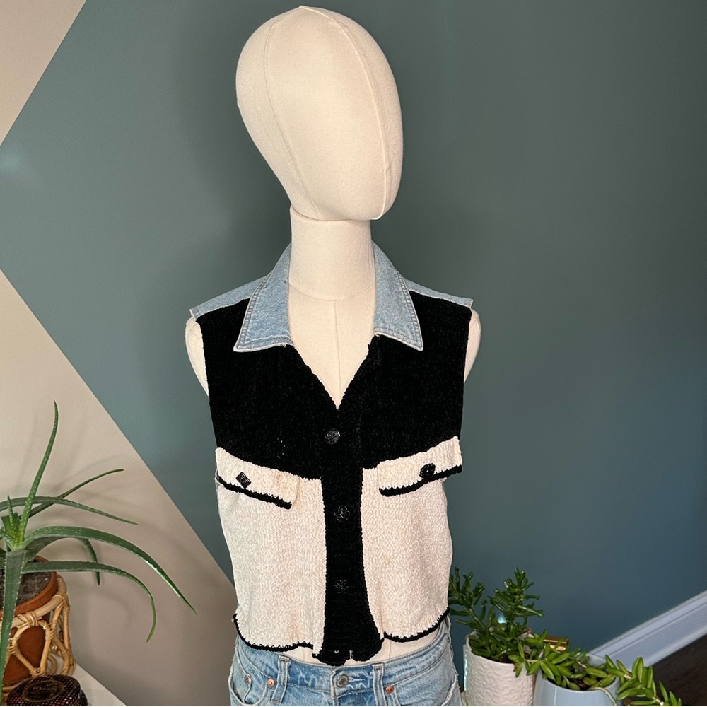 Vintage 90s Romeo Romeo Bouclé & Denim Vest – Western Y2K Aesthetic Size M - Picture 2 of 14